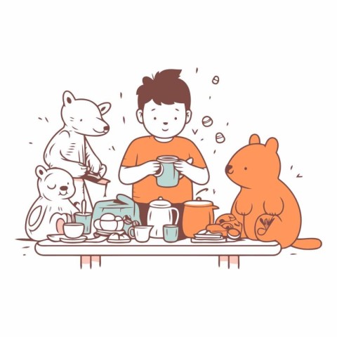 Vector illustration of a boy having a tea party with cat and dog