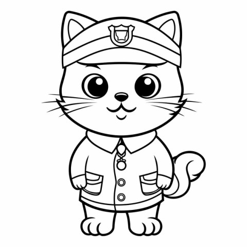 Black and White Cartoon Illustration of Cute Cat Captain Charact