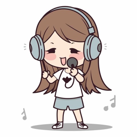 Girl listening music with headphones - Cute Cartoon Girl Vector