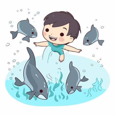 Cute little boy swimming with fishes in the ocean.