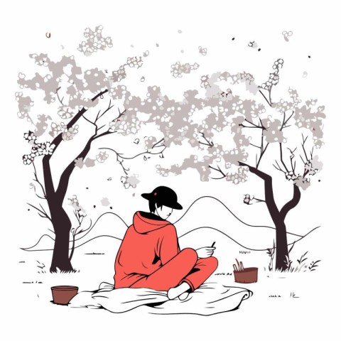 Illustration of a young woman sitting in the park and drinking t