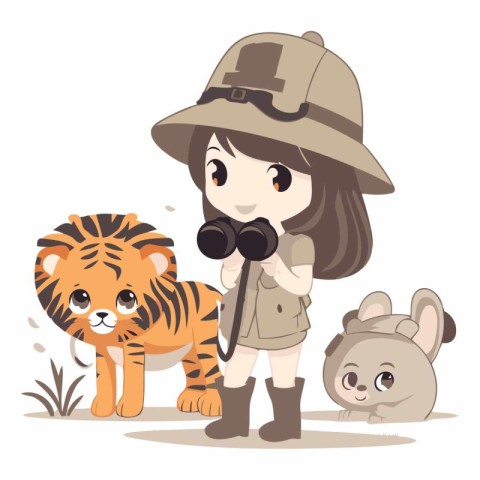 Girl in safari costume with tiger and mouse.