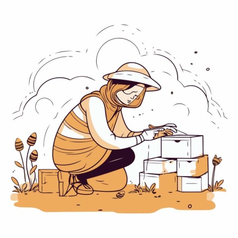 Vector illustration of a beekeeper working on the apiary with bo