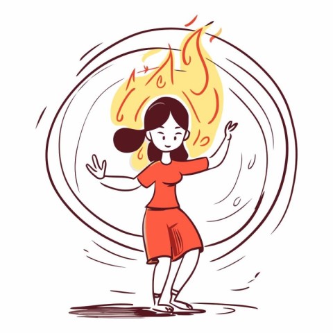 Cartoon woman in a red dress holding a fire in her hands