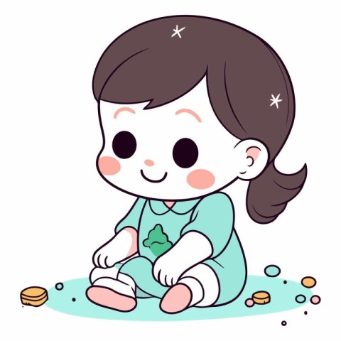 Little girl sitting on the floor and playing with coins.