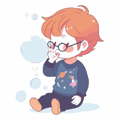 Cute little boy blowing soap bubbles in cartoon style