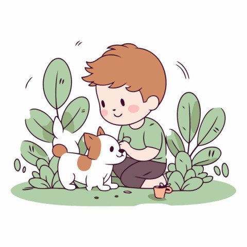 cute little boy playing with dog in the garden vector illustrati