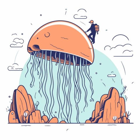 Vector illustration of a cartoon sea animal jellyfish with a man