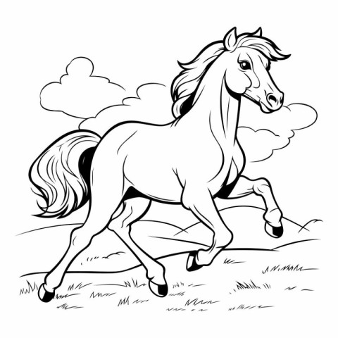 Black and white vector illustration of a horse running in the fi