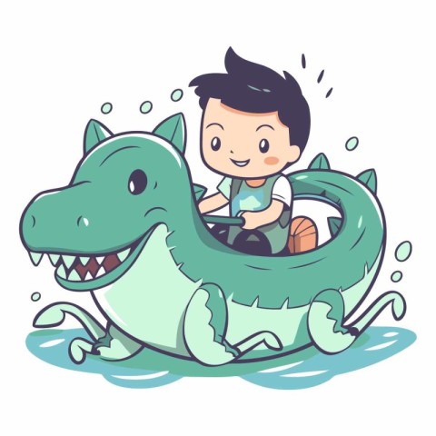 Boy riding a crocodile in a water park.