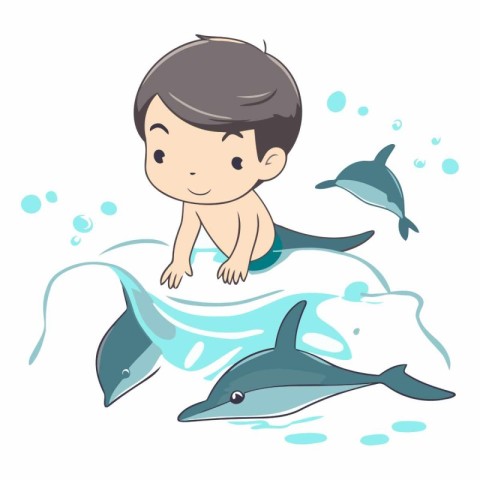 Cute little boy swimming with dolphins in the ocean