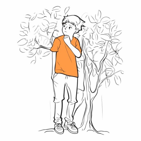 Boy standing near the tree. sketch for your design