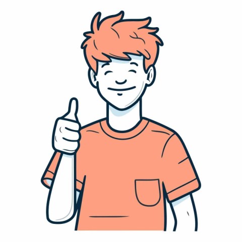 Vector illustration of a young man showing thumbs up gesture. Ha