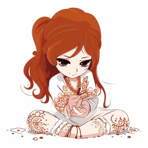 Vector illustration of a beautiful little red-haired girl in a b