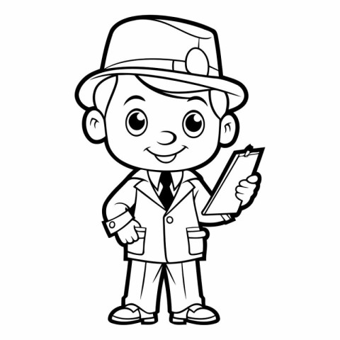 Black and White Cartoon Illustration of a Kid Boy Detective Char