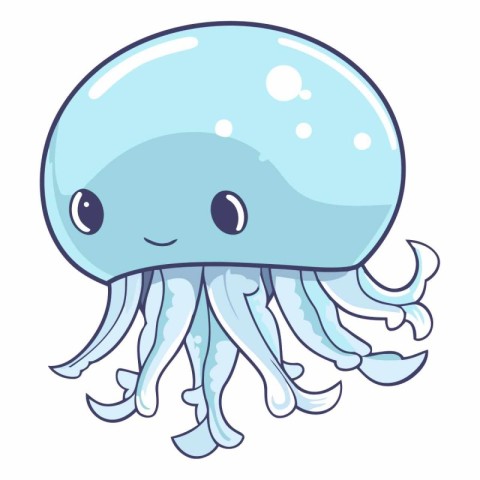 Illustration of a Cute Cartoon Blue Jellyfish on White Backgroun