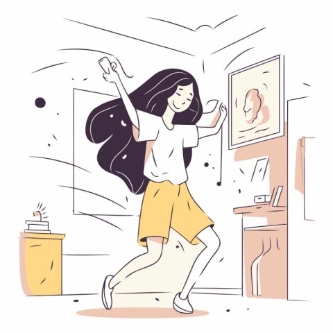 Vector illustration of a young woman dancing in the bathroom at