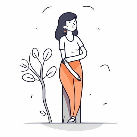 Vector illustration of a girl standing in front of a tree. Flat