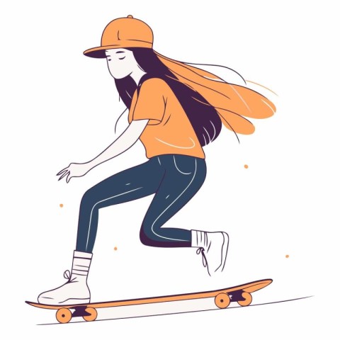 Skateboarder girl in orange cap and t-shirt rides on a skateboar