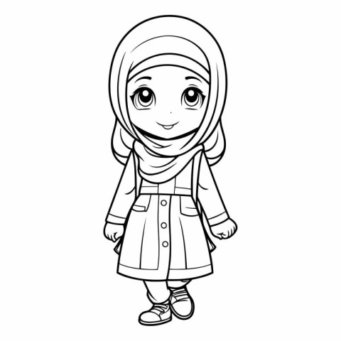 Cute muslim girl in traditional clothes for coloring book.