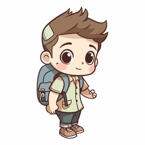 cute little boy with backpack on white background.