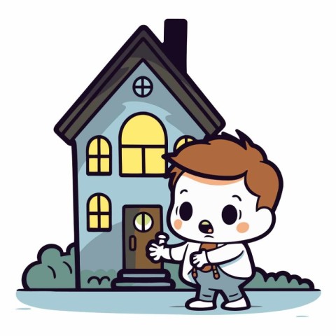 Cute boy in front of the house. Vector cartoon illustration.