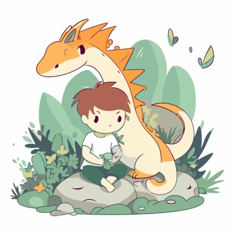 Cute boy playing with a dinosaur in the garden