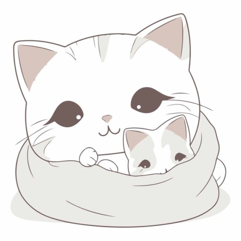 Illustration of a Cute White Cat Hugging a Kitten