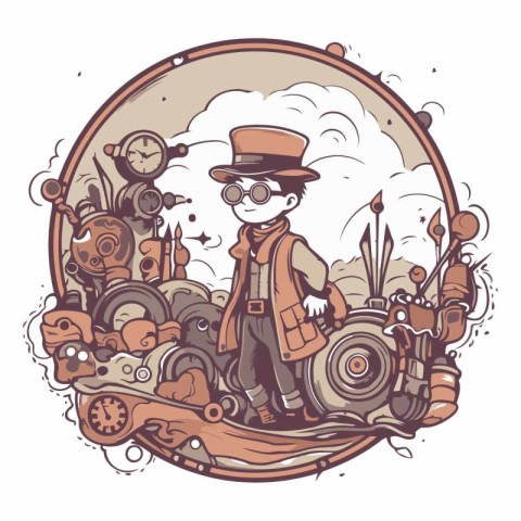 Vector illustration of a steampunk man in a hat and glasses with