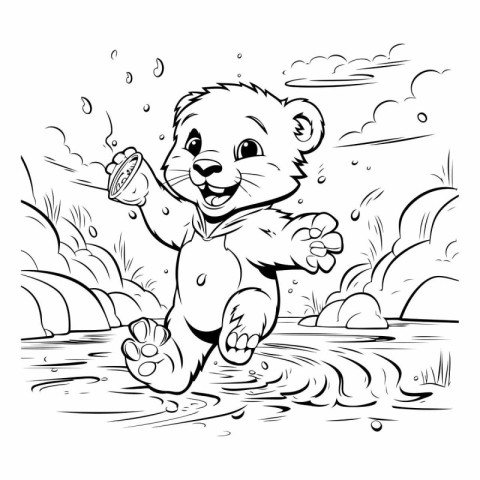 Vector illustration of a cartoon bear in the rain. Coloring book