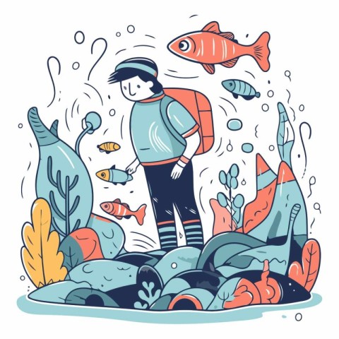 Cute vector illustration of a man with a fishing rod and fish in