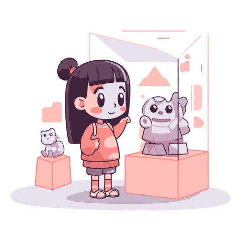 Cute girl and cat in the museum in cartoon style.