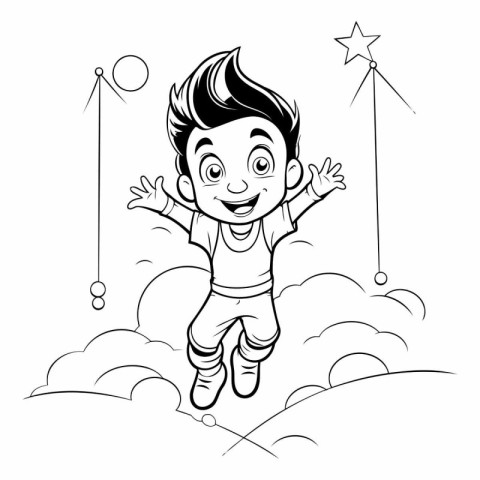 Black and White Cartoon Illustration of Happy Kid Boy Jumping on