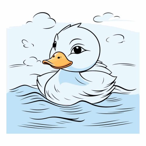 Vector illustration of a cute white duck swimming in the water o