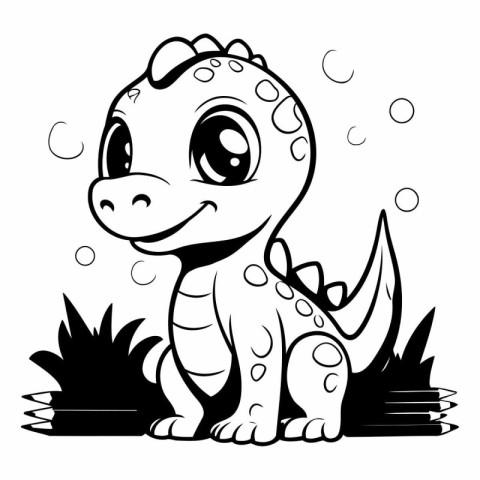 Cute Cartoon Dinosaur - Black and White Vector Illustration. Iso