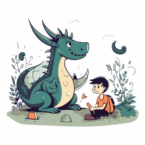 Illustration of a Little Boy Playing with a Dinosaur in the Park