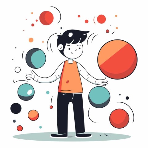 Cartoon boy playing with balls in flat style.