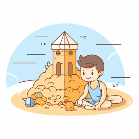 Little boy playing sand castle on the beach. Flat style vector i