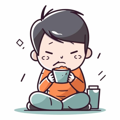 Illustration of a boy sitting and holding a cup of coffee.