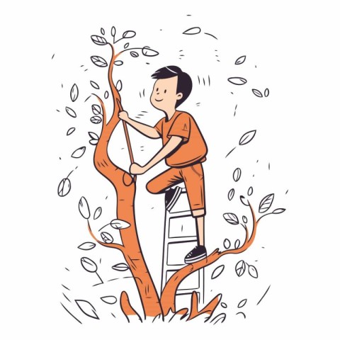 Young man climbing a tree. Hand drawn vector illustration in car