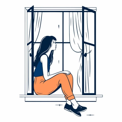 Sad girl sitting on the windowsill in sketch style.