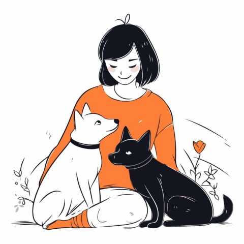 Vector illustration of a girl sitting with a dog in her arms.