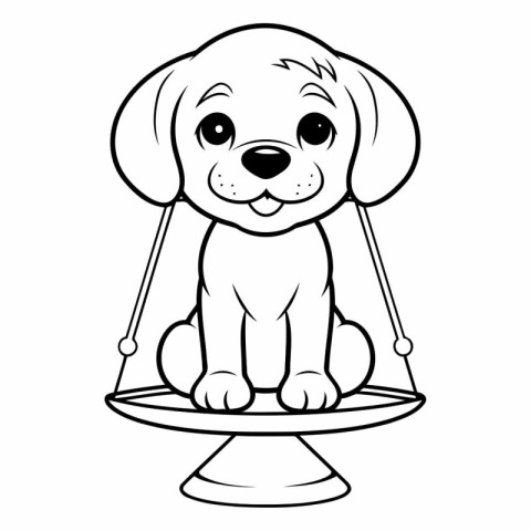 Cute puppy sitting on a swing. Black and white vector illustrati