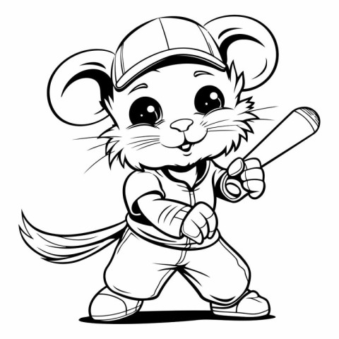 Mouse Baseball Mascot Illustration - Black and White Vector Art