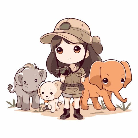 Illustration of a cute girl in safari outfit with her friends