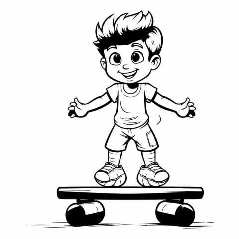 Boy Skateboarding - Black and White Cartoon Illustration. Vector