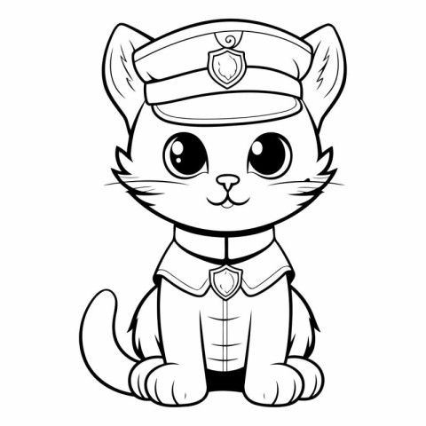 Black and White Cartoon Illustration of Cute Cat Police Officer