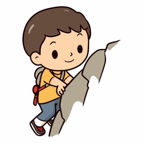 Illustration of a Little Boy Climbing a Cliff with a Backpack