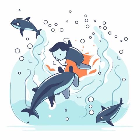 Vector illustration of a man swimming in the sea with dolphins a