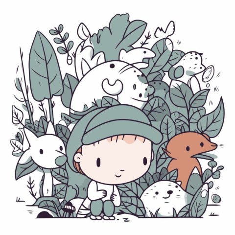 Cute cartoon boy playing with animals and plants.